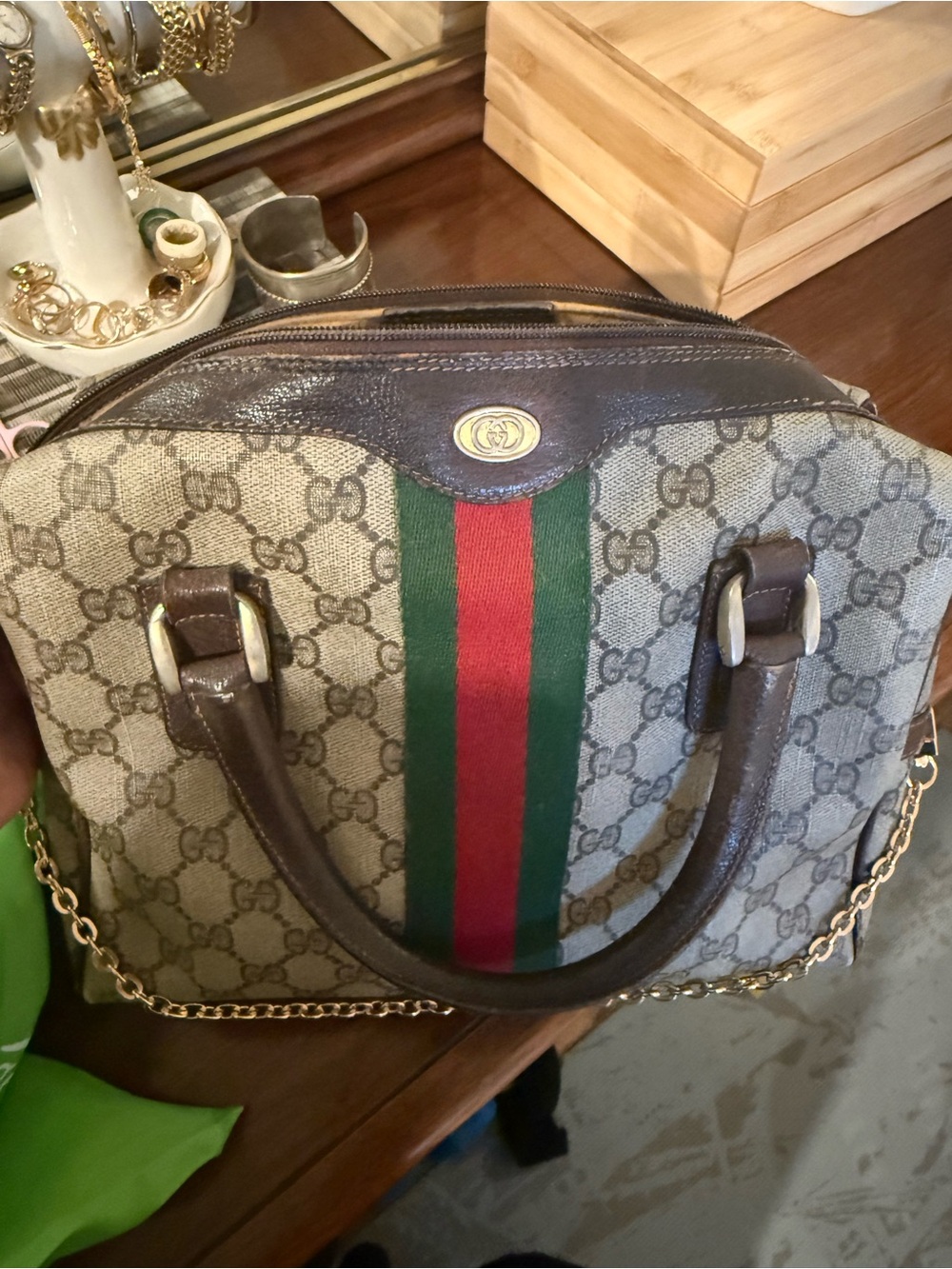 Gucci Beige GG Canvas Satchel with Green and Red Web Stripe - Picture 5 of 6